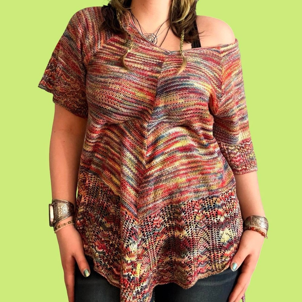 Boho Space Dye Knit Tunic Top Large Multi Color Chevron Pointelle Short Sleeve